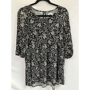 Old Navy Womens Floral Hare Print 3/4 Sleeve Boho Babydoll Mini Dress Black Sz M